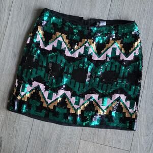 H&M Divided Women's 4 Emerald Green Black Gold Sequin Festival Aztec Mini Skirt